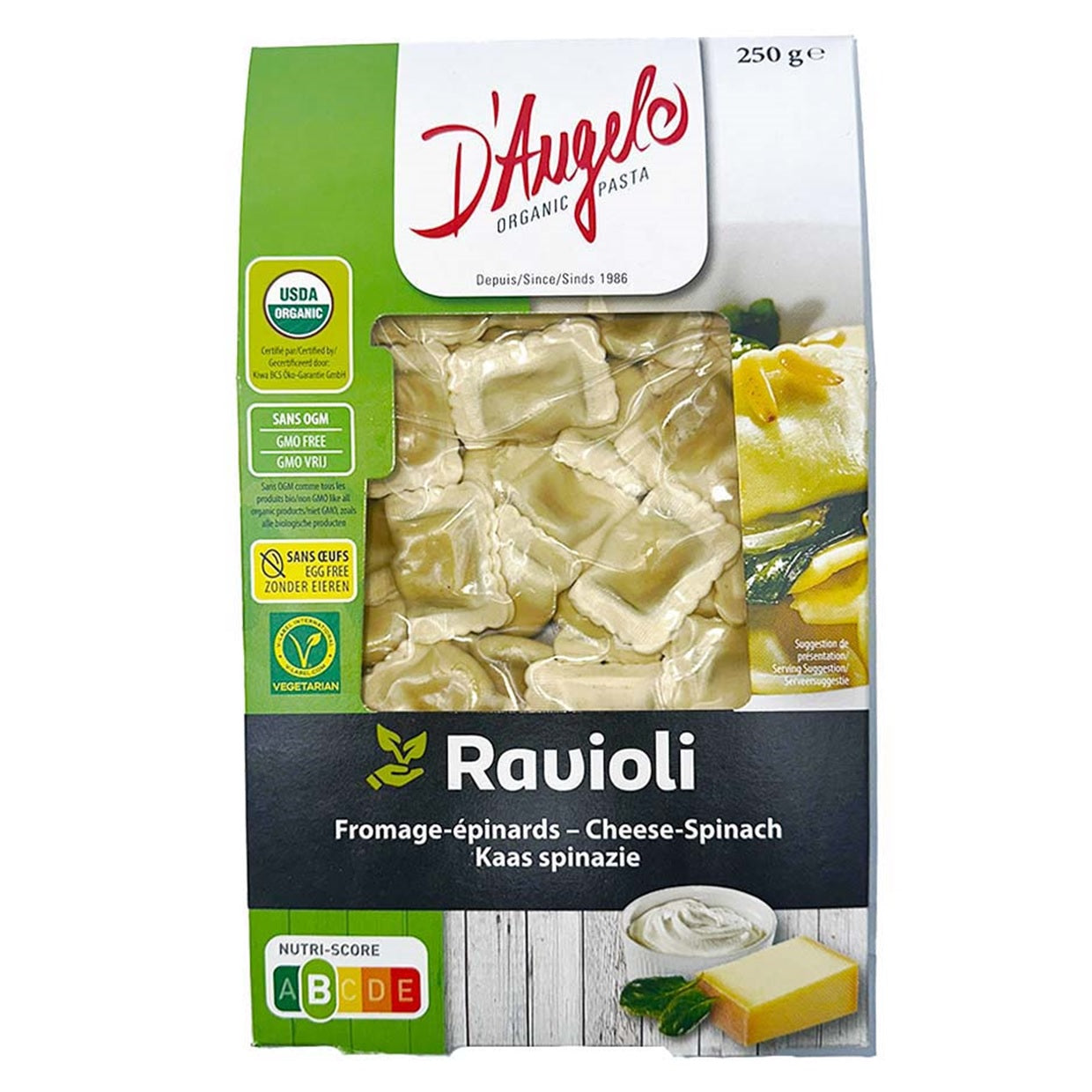 D'Angelo Pasta Organic Ravioli Cheese & Spinach Vegetarian, 250g
