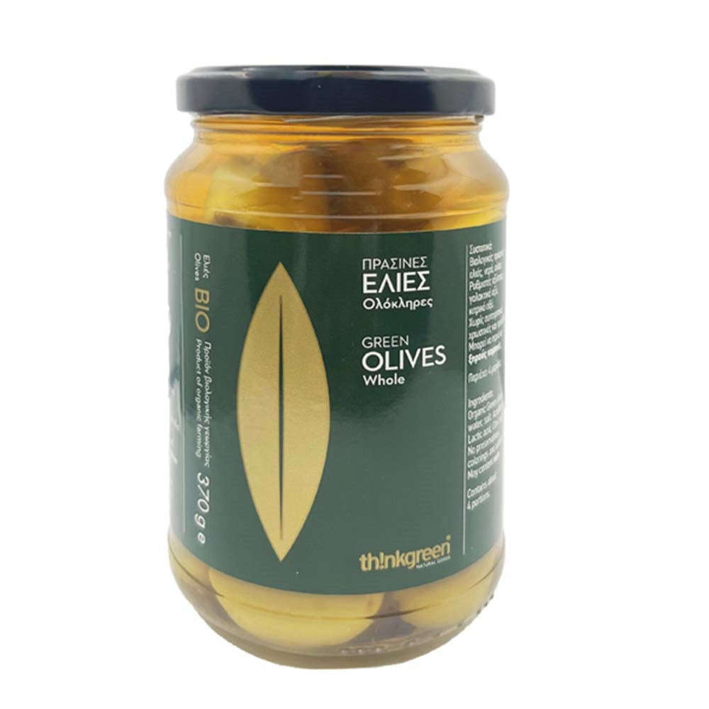 Thinkgreen Organic Green Olives Whole In Brine, 370g