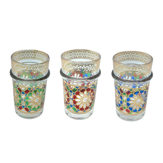 Moroccan Tea Glass Set of 3 – Hand Painted Multicolor Vintage Moroccan Tea Cups for Mint Tea or Coffee