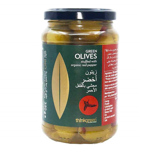 Thinkgreen Organic Green Olives Stuffed With Red Pepper, 350g